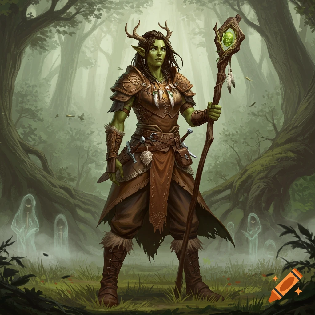 A green-skinned female half-orc druid in leather armor stands in a misty forest, holding a staff. Ghostly figures appear in the background.