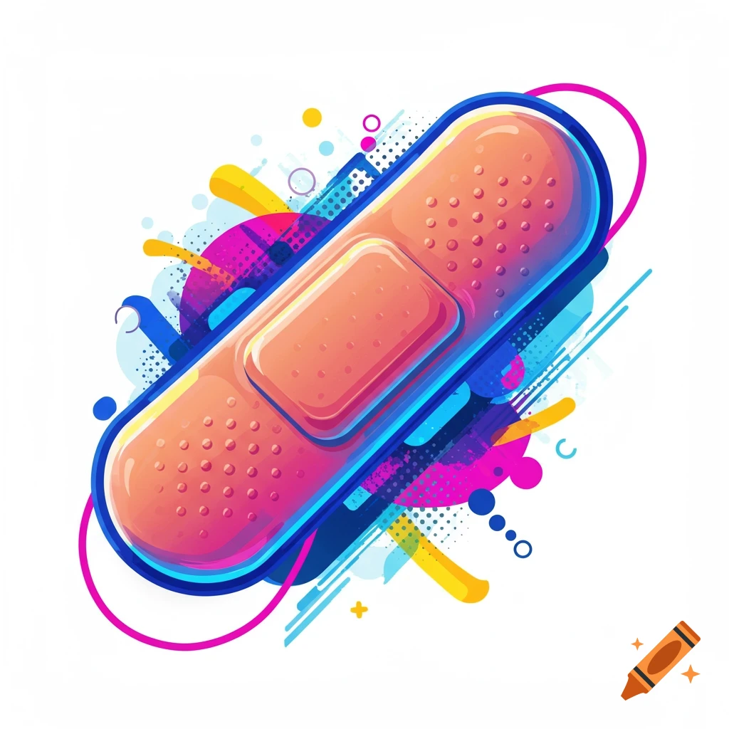 A stylized orange and pink band-aid outlined in blue, against a vibrant abstract background of colorful shapes and lines.
