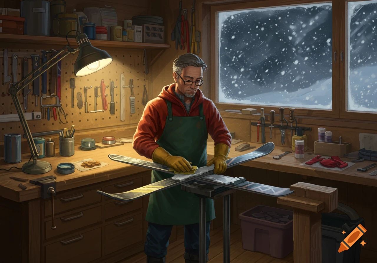 An older man in an apron and gloves waxing skis in a cozy wooden workshop with a snowy window view. Illustrated.