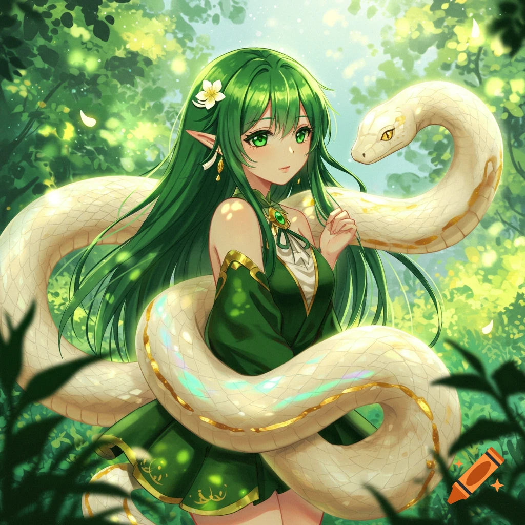 Anime girl with long green hair and a large white snake draped around her in a vibrant green forest setting.