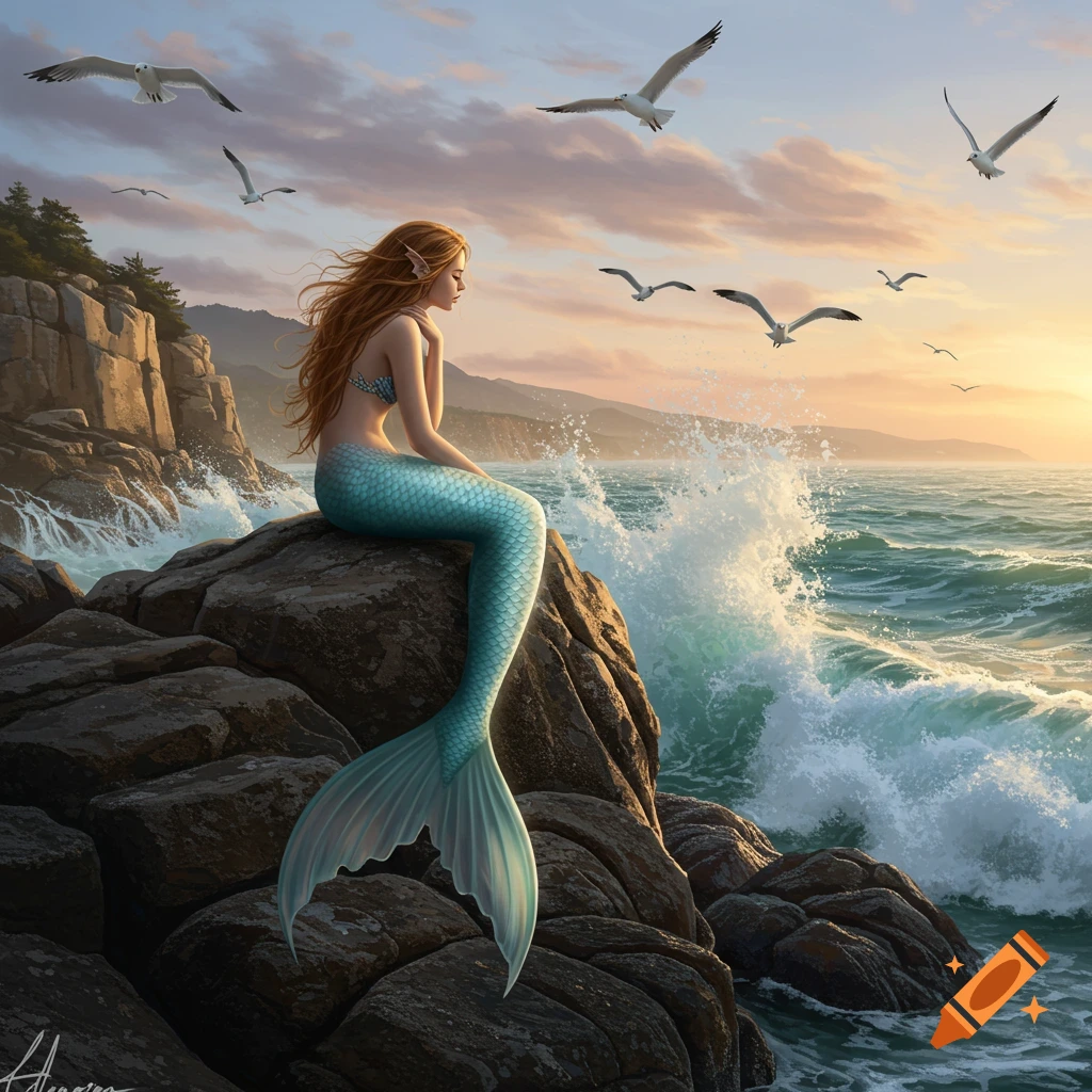 A photorealistic illustration of a mermaid with long red hair sitting on a rock overlooking a crashing sea at sunset, with seagulls flying above.