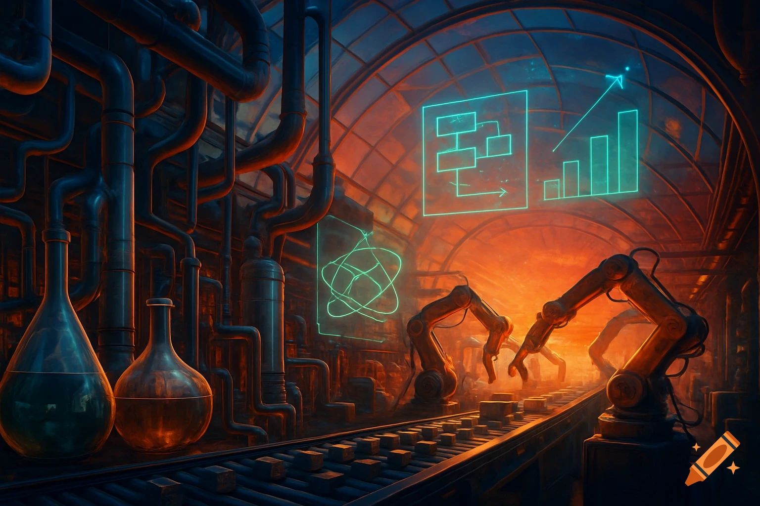 A futuristic industrial factory featuring robotic arms on a conveyor belt, glowing pipes, laboratory flasks, and holographic engineering diagrams with an orange and blue glow.