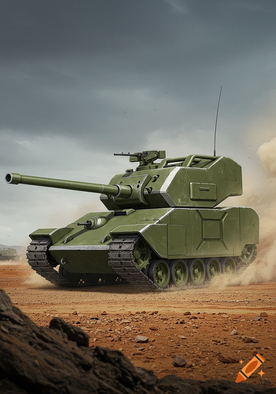 A green military tank drives through a dusty desert under a cloudy sky.