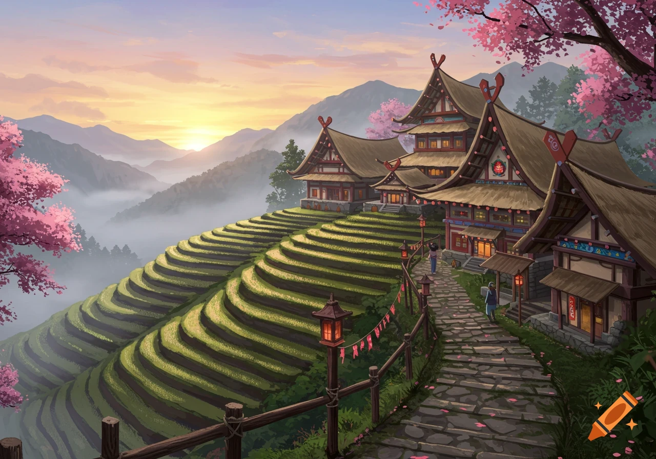An Asian village with traditional houses on terraced mountains, illuminated by a sunset, with cherry blossom trees and a stone path.