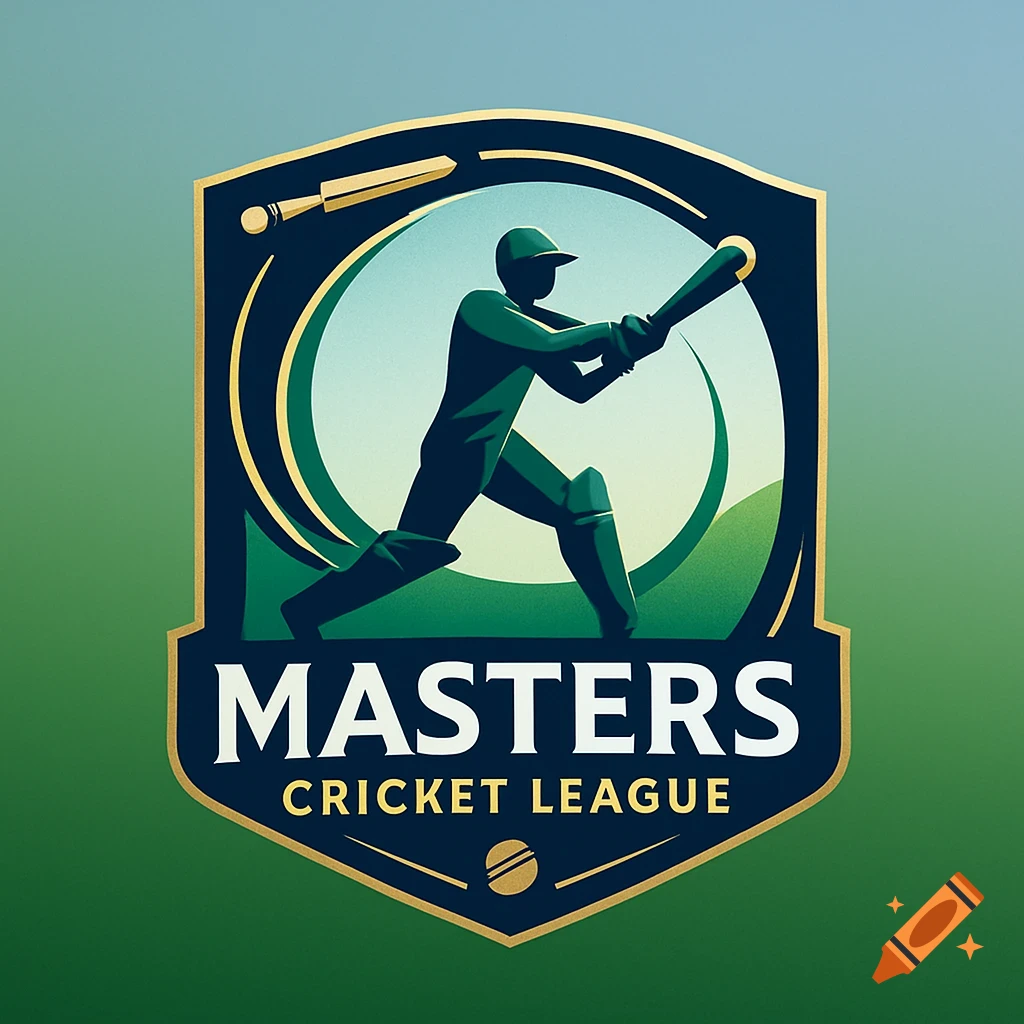 A shield-shaped logo for the Masters Cricket League featuring a stylized silhouette of a cricket player batting.