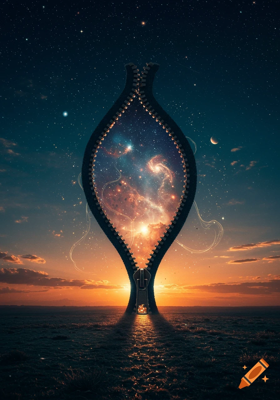 A gigantic zipper opens in a landscape at sunset, revealing a vibrant galaxy within the opening.