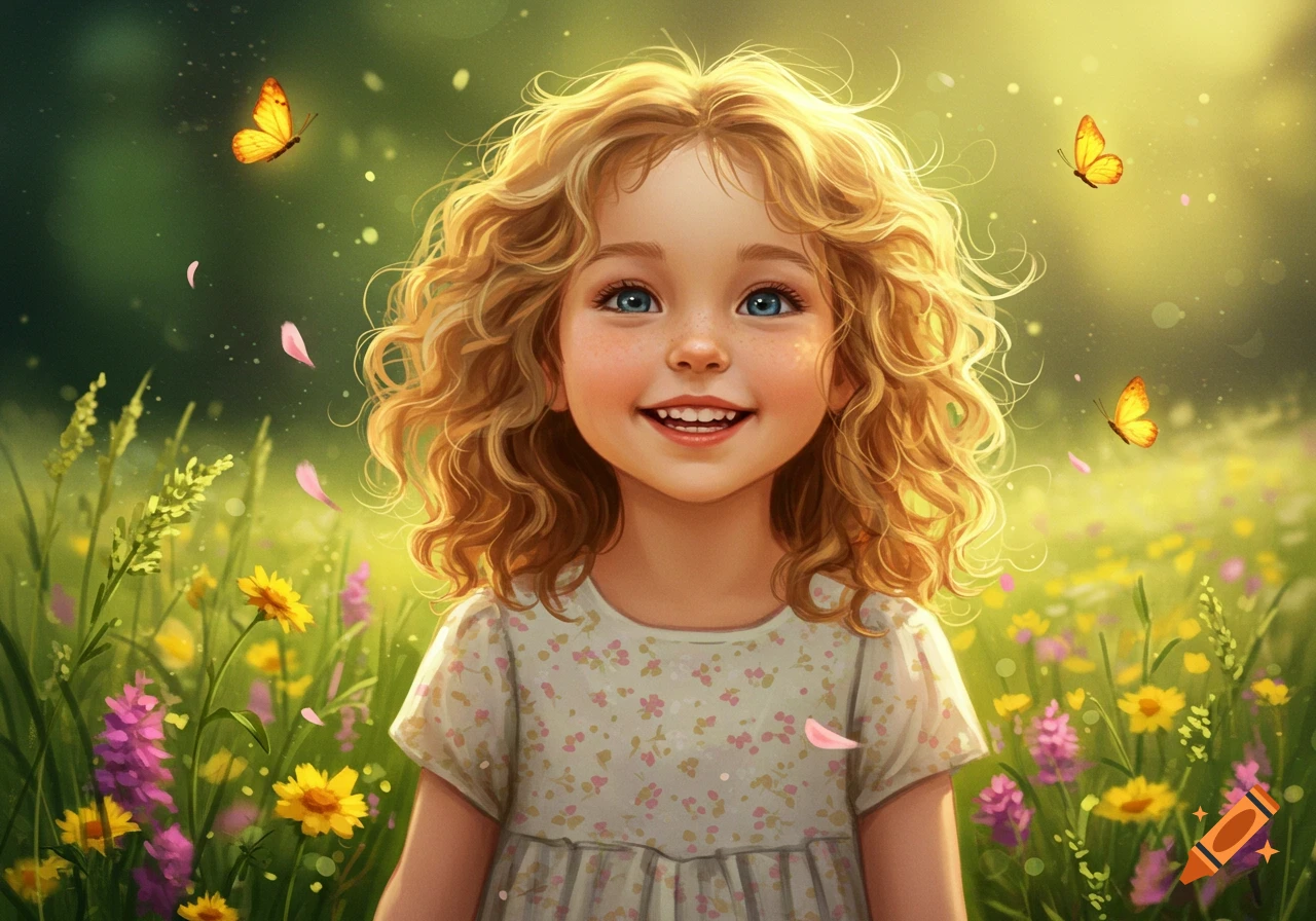 A smiling young girl with curly blonde hair and blue eyes stands in a vibrant field of colorful flowers and butterflies, in a soft, bright art style.