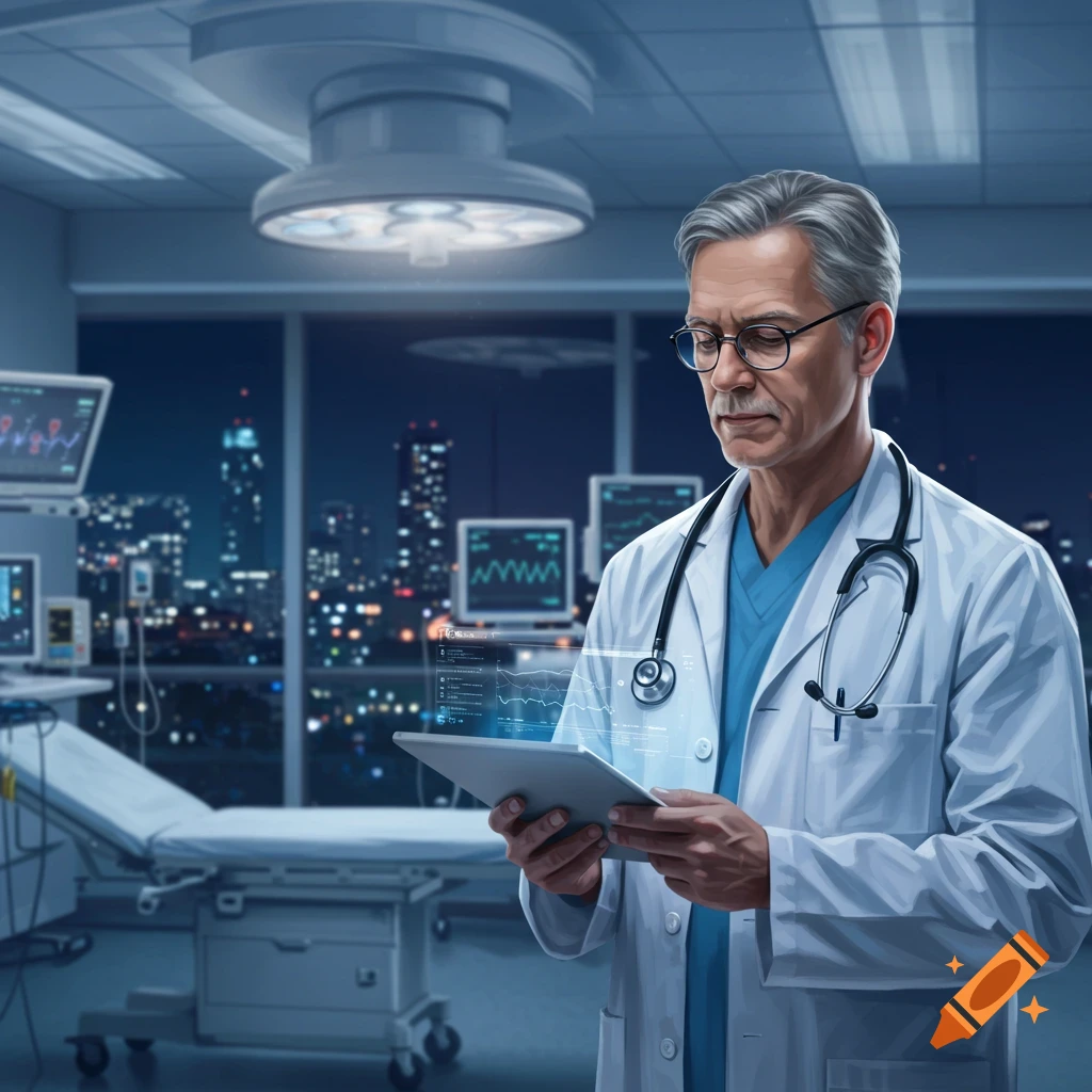 A photorealistic image of a male doctor in a white coat and stethoscope, looking at a tablet with a holographic display in a modern hospital room overlooking a city at night.