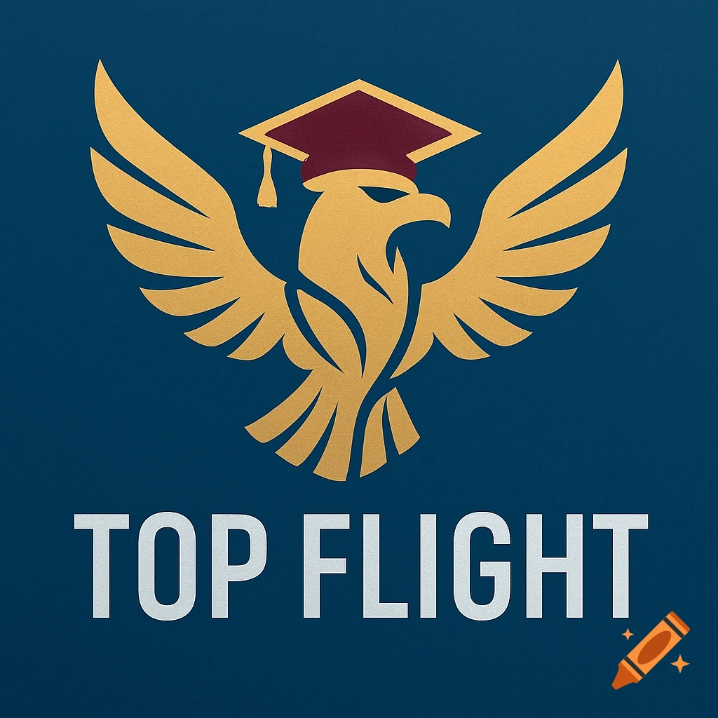 Golden eagle wearing a graduation cap above the text 'TOP FLIGHT' on a blue background.
