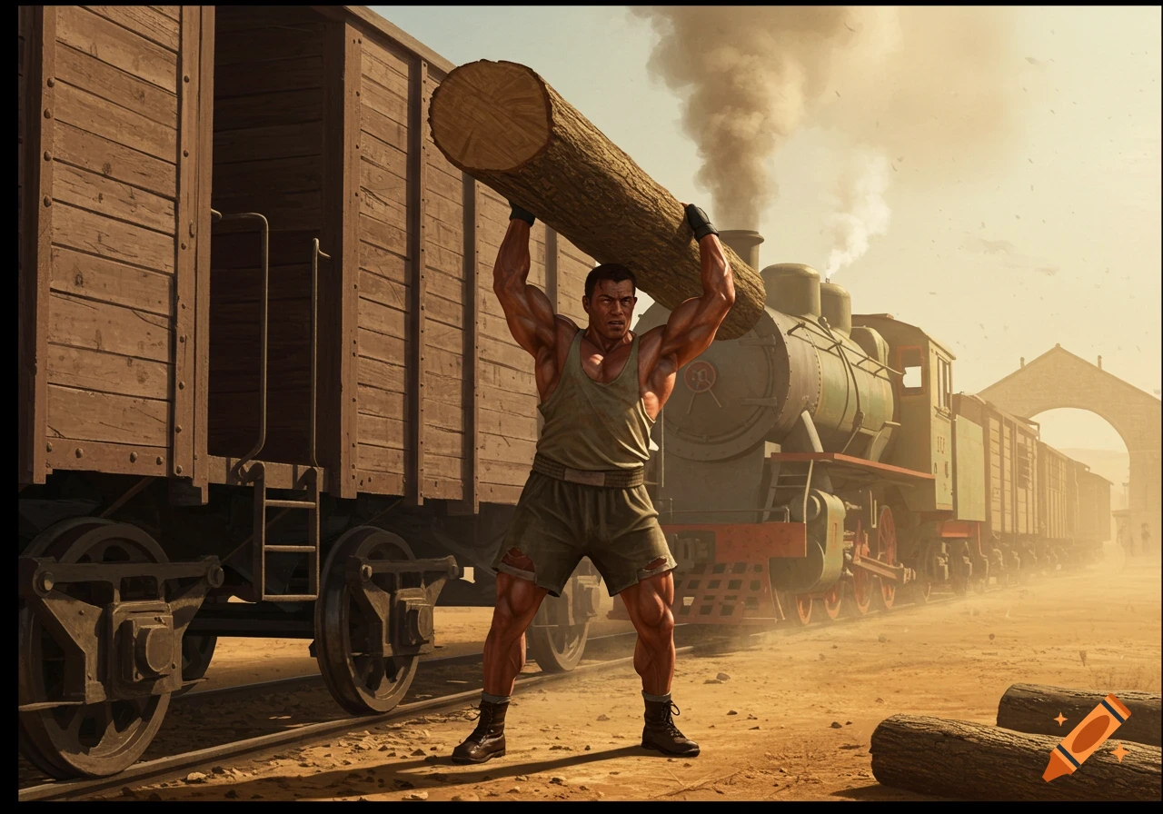 A muscular man lifts a heavy log beside a wooden train car, with a steam train in the dusty background. Photorealistic style.