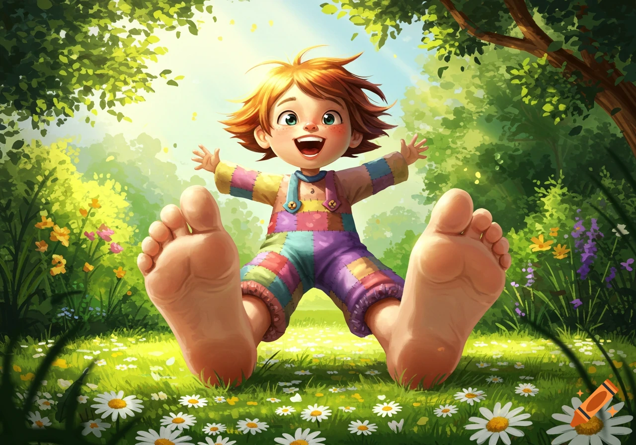 Happy cartoon child with large bare feet sitting in a sunny grassy field with flowers.