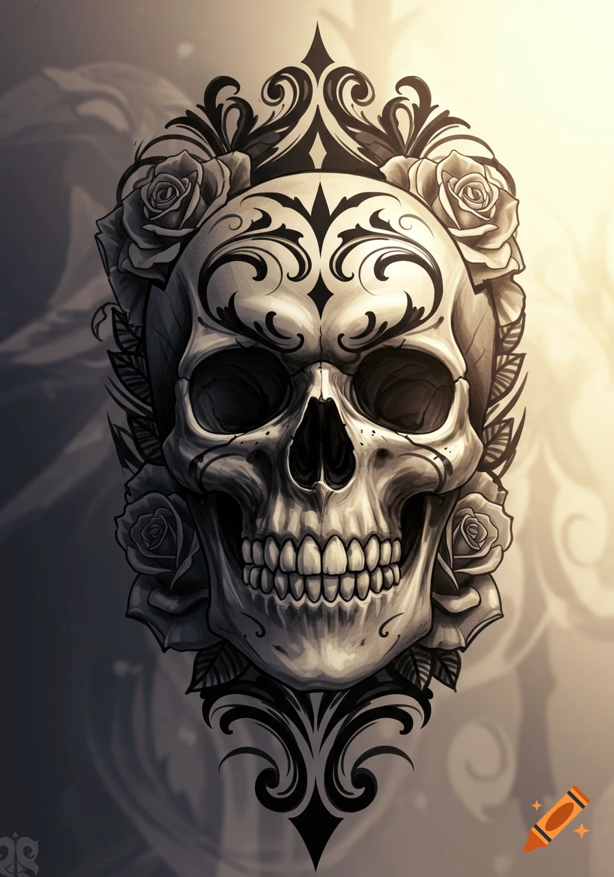 A black and white stylized skull tattoo design adorned with intricate filigree patterns and roses.