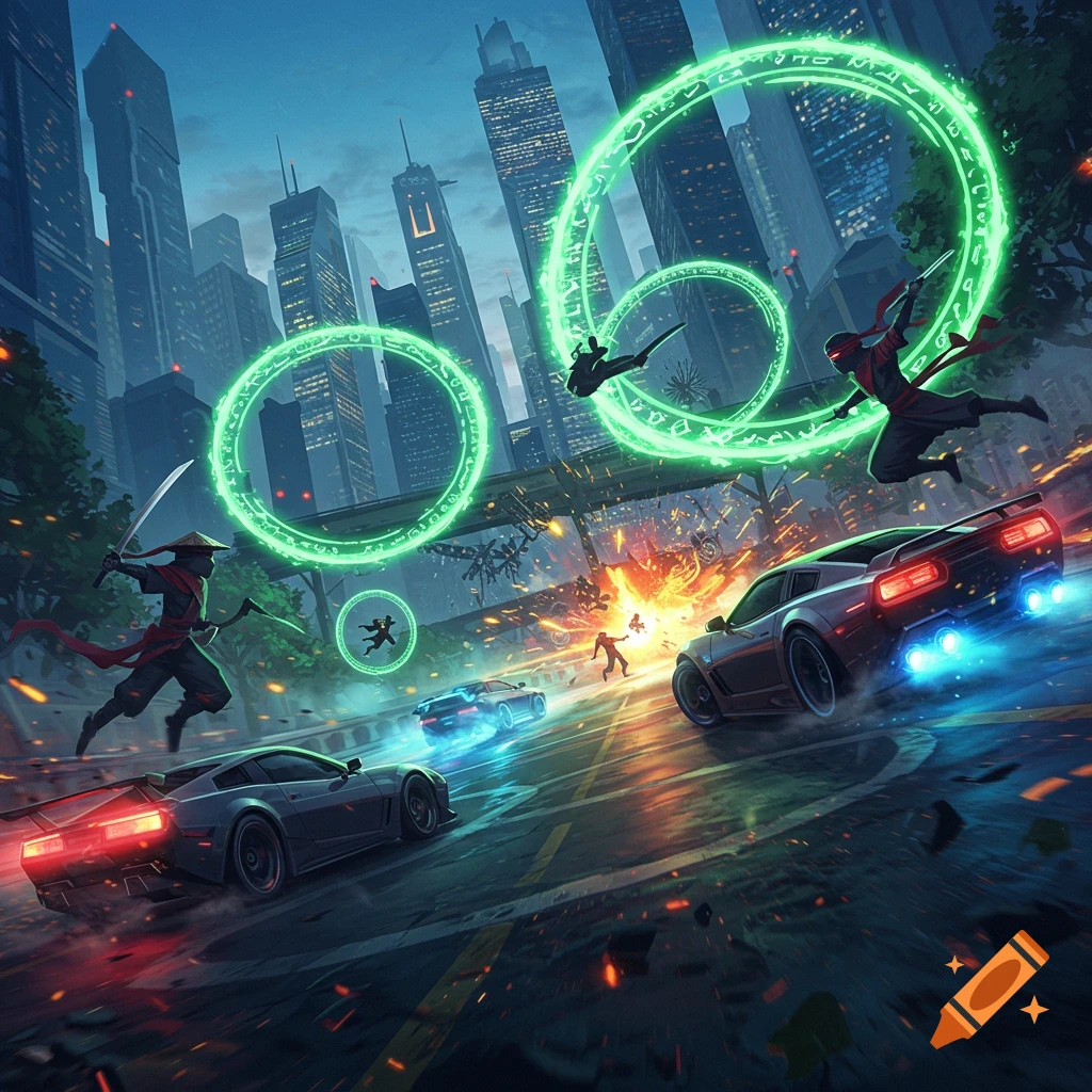 Dynamic stylized art of ninjas, cars, magic, and explosions on a city street at dusk.