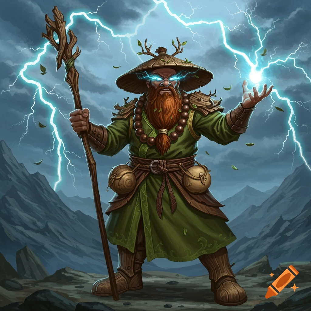 A fantasy dwarf monk with a red beard, green robes, and a straw hat, casts lightning from his hands and staff in a stormy mountain landscape.
