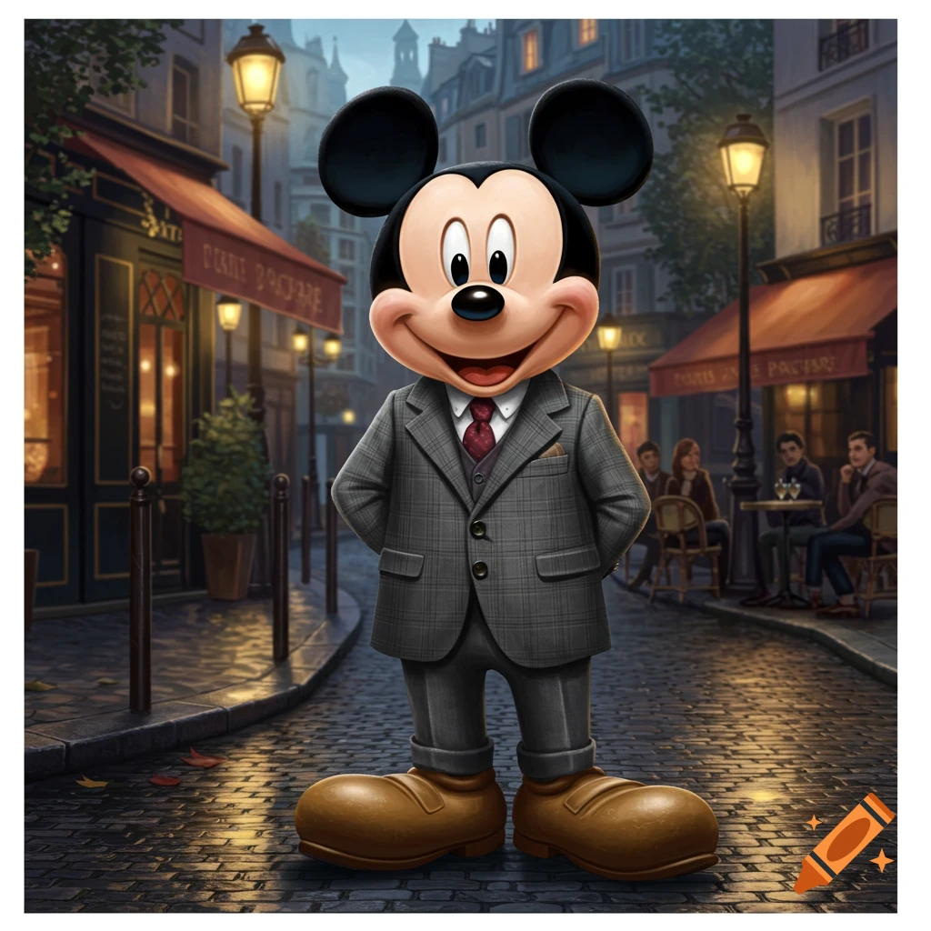 Mickey Mouse wearing a grey suit stands on a cobblestone street in a charming European city at dusk, with cafes and lampposts.