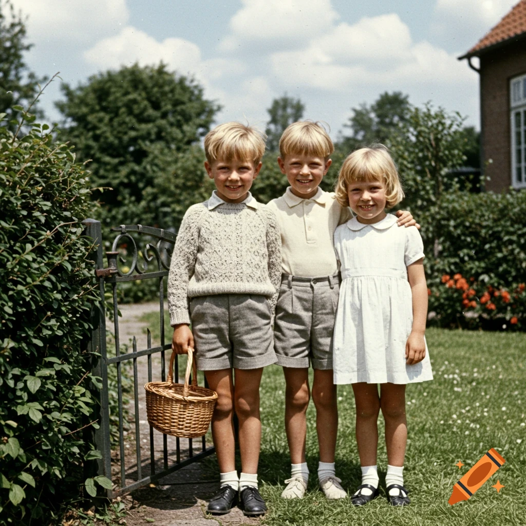 Three smiling children, two boys and one girl, stand in a sunny garden by a gate. The boy on the left holds a basket.