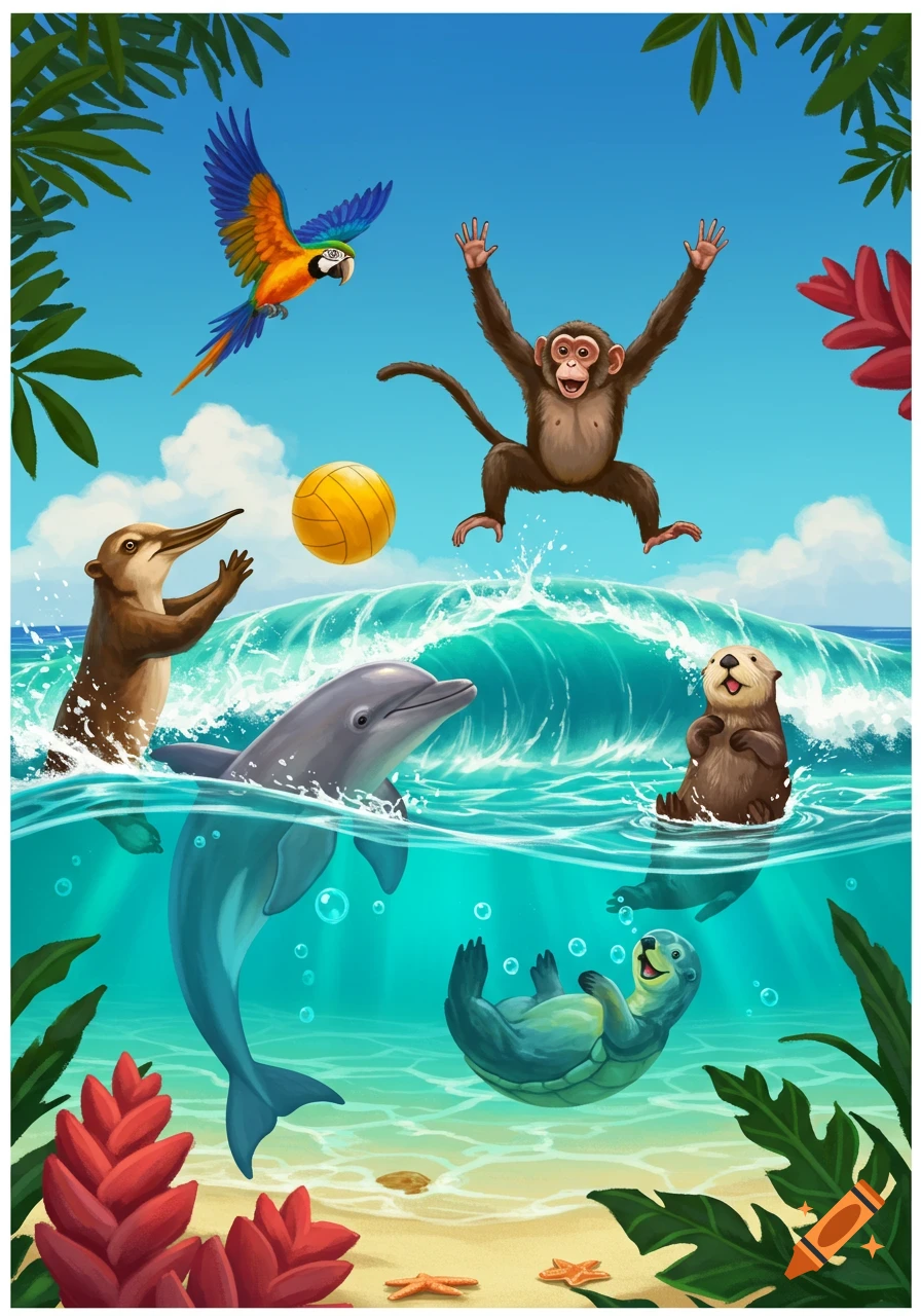 A vibrant cartoon illustration of a monkey, dolphin, otter, parrot, and coati playing water polo in the ocean at a tropical beach.