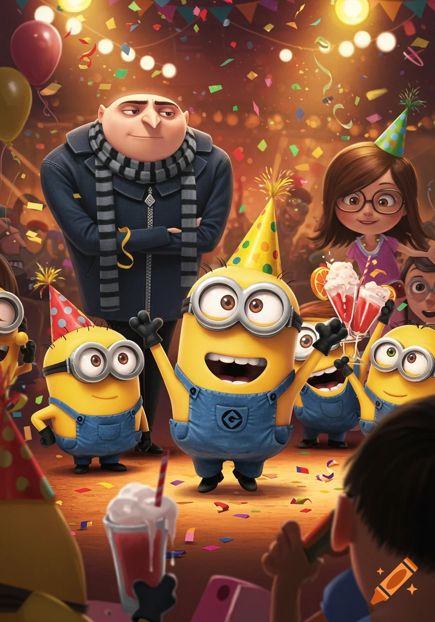 Gru and Minions celebrating at a lively party with confetti and party hats.