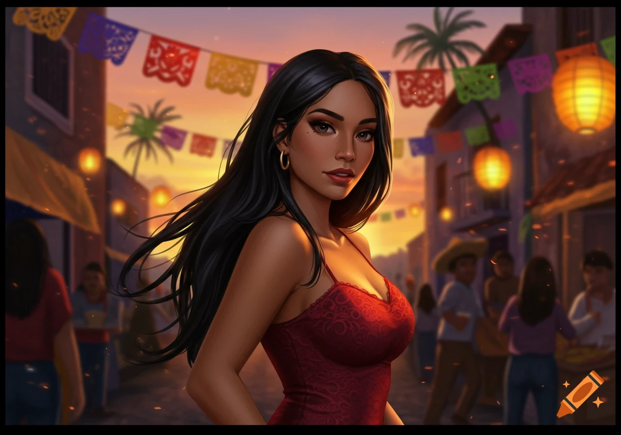 A young woman with long dark hair and a red top stands in a vibrant street decorated with colorful banners and lanterns at sunset.
