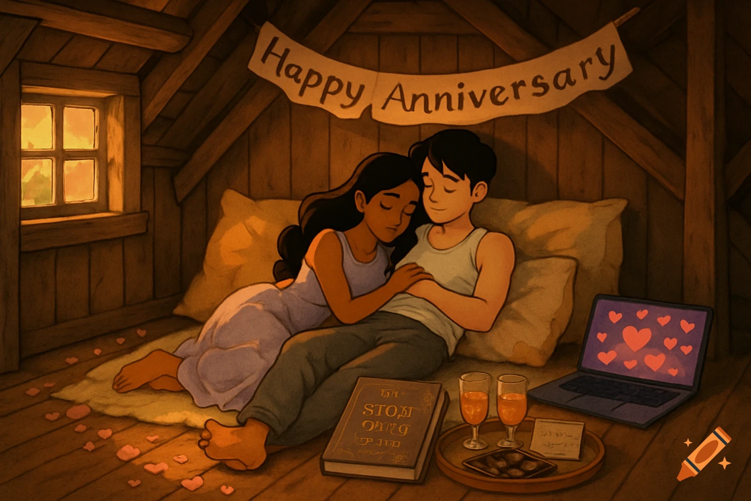 A Ghibli-style illustration of a young couple cuddling in a cozy attic den with an "Happy Anniversary" banner.