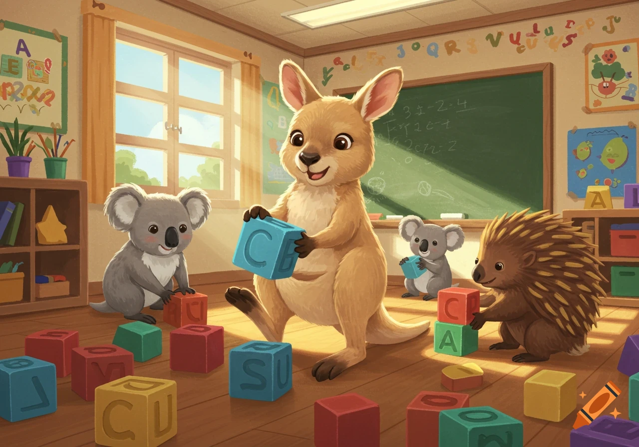 A cute cartoon kangaroo, two koalas, and an echidna play with colorful letter blocks in a sunny classroom.