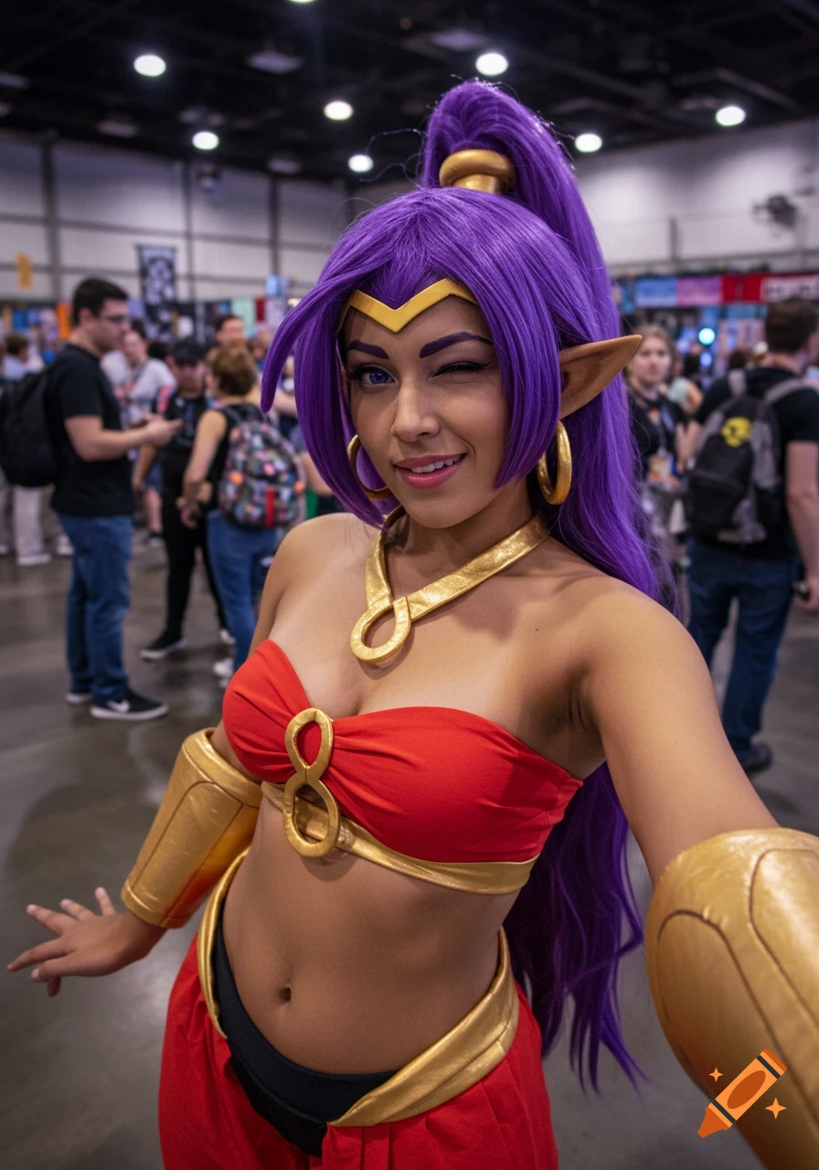 A woman with purple hair and pointed ears, cosplaying as Shantae, winks at the camera in a selfie at a convention.