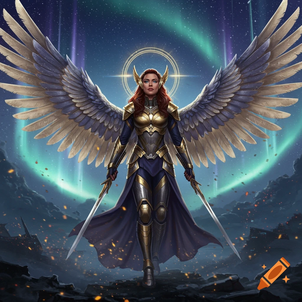 A female Valkyrie warrior in gold and blue armor with large wings and two swords stands on rocky terrain under an aurora sky.