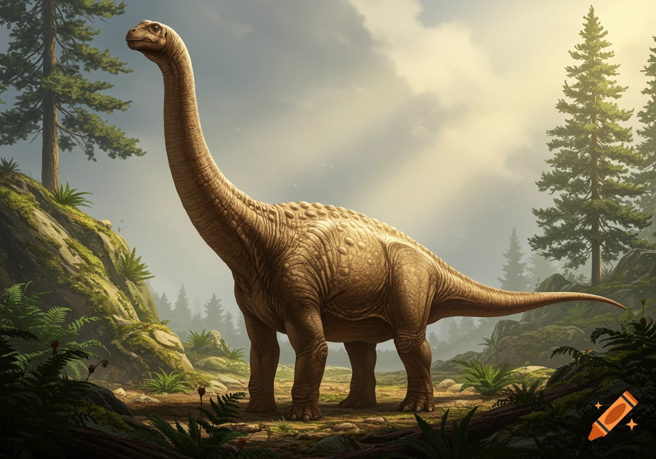 A long-necked Brachiosaurus-like dinosaur stands in a lush, misty prehistoric forest with tall pine trees.