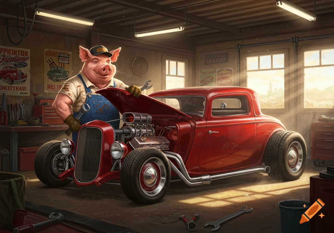 A cartoon pig in blue overalls and a cap works on a red hot rod in a garage, holding a wrench.