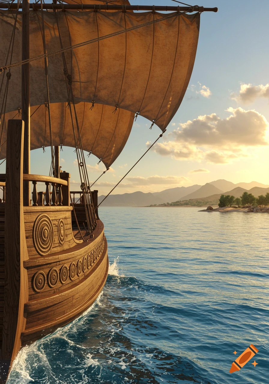 A large wooden sailing ship sails on blue water, creating a wake, under a golden sky with distant mountains.