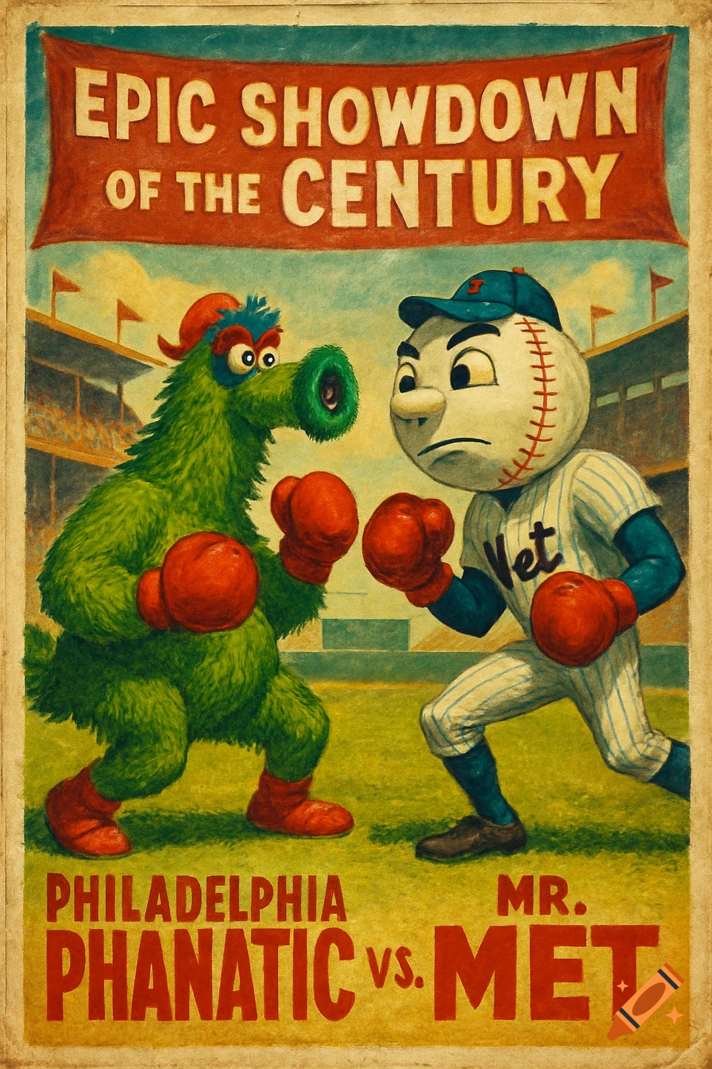 Vintage boxing poster showing the Philadelphia Phanatic and Mr. Met mascots facing off. Text reads 'Epic Showdown of the Century'.