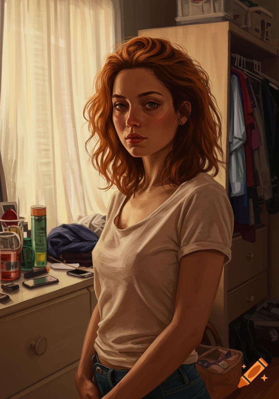 A photorealistic painting of a woman with red, messy hair and faded makeup, wearing a white t-shirt and jeans, standing in her apartment with a messy dresser and closet behind her.