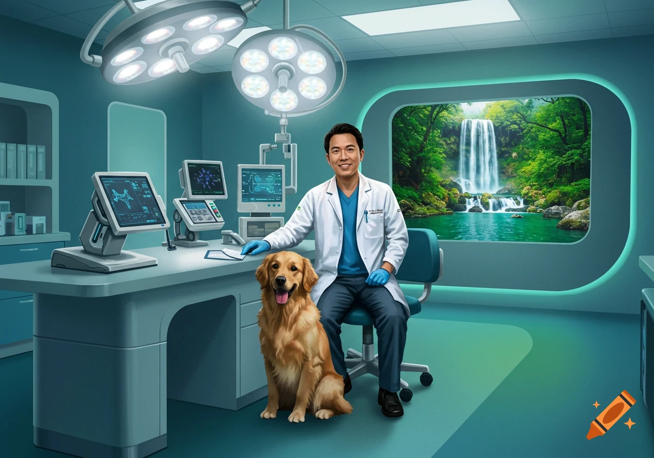 A smiling Asian male veterinarian in a lab coat sits at a desk with a happy golden retriever in a futuristic exam room, a large screen displays a waterfall.