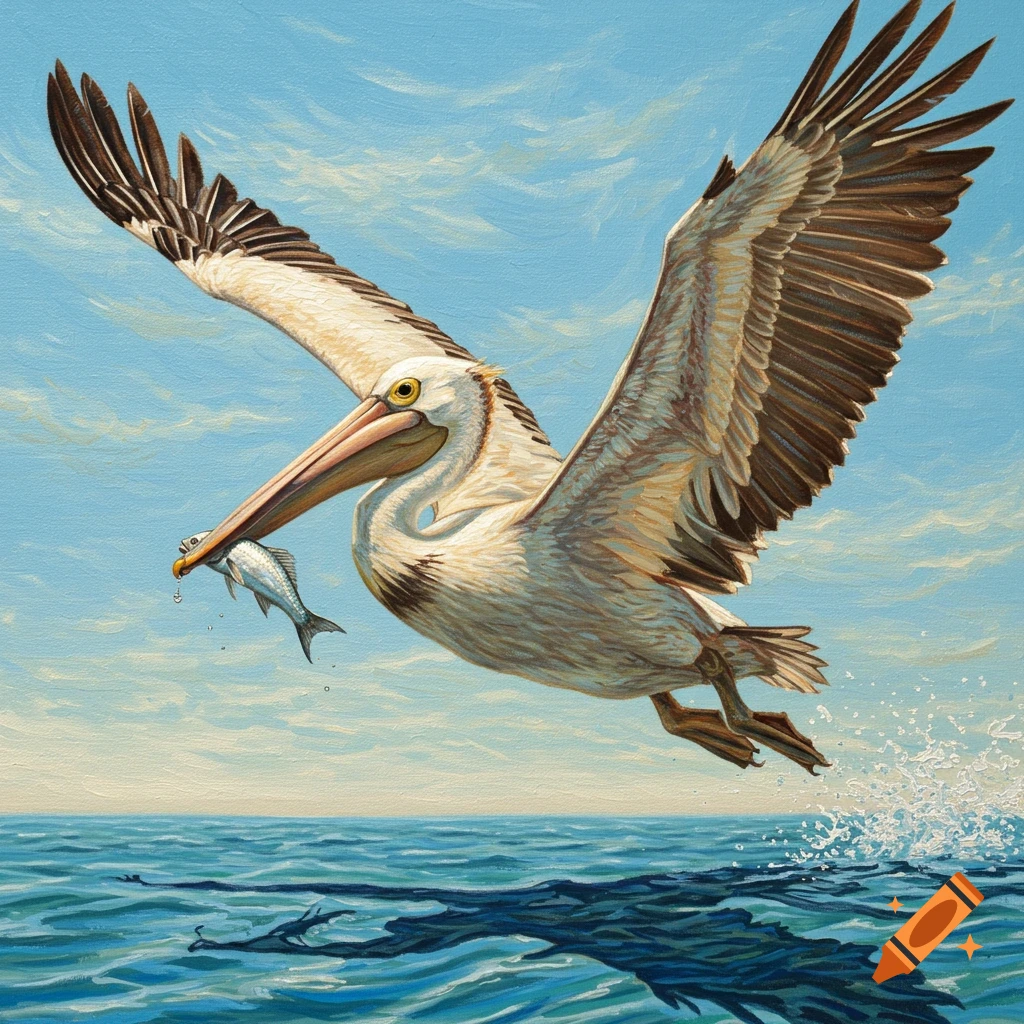 A painted pelican flies low over blue water, carrying a fish in its long beak. The sky is bright blue with light clouds.