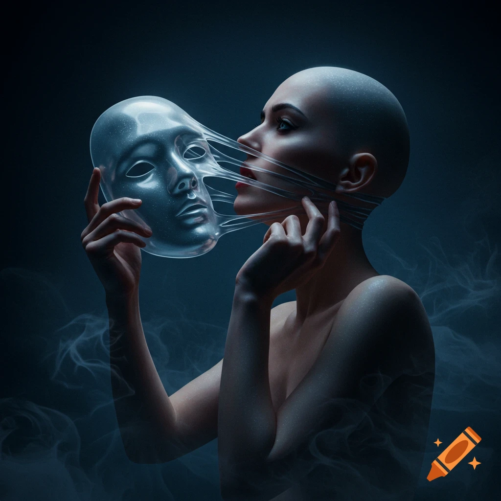 A photorealistic image of a bald woman pulling a translucent, sparkly mask from her face, which appears to be stretching and melding with her skin.