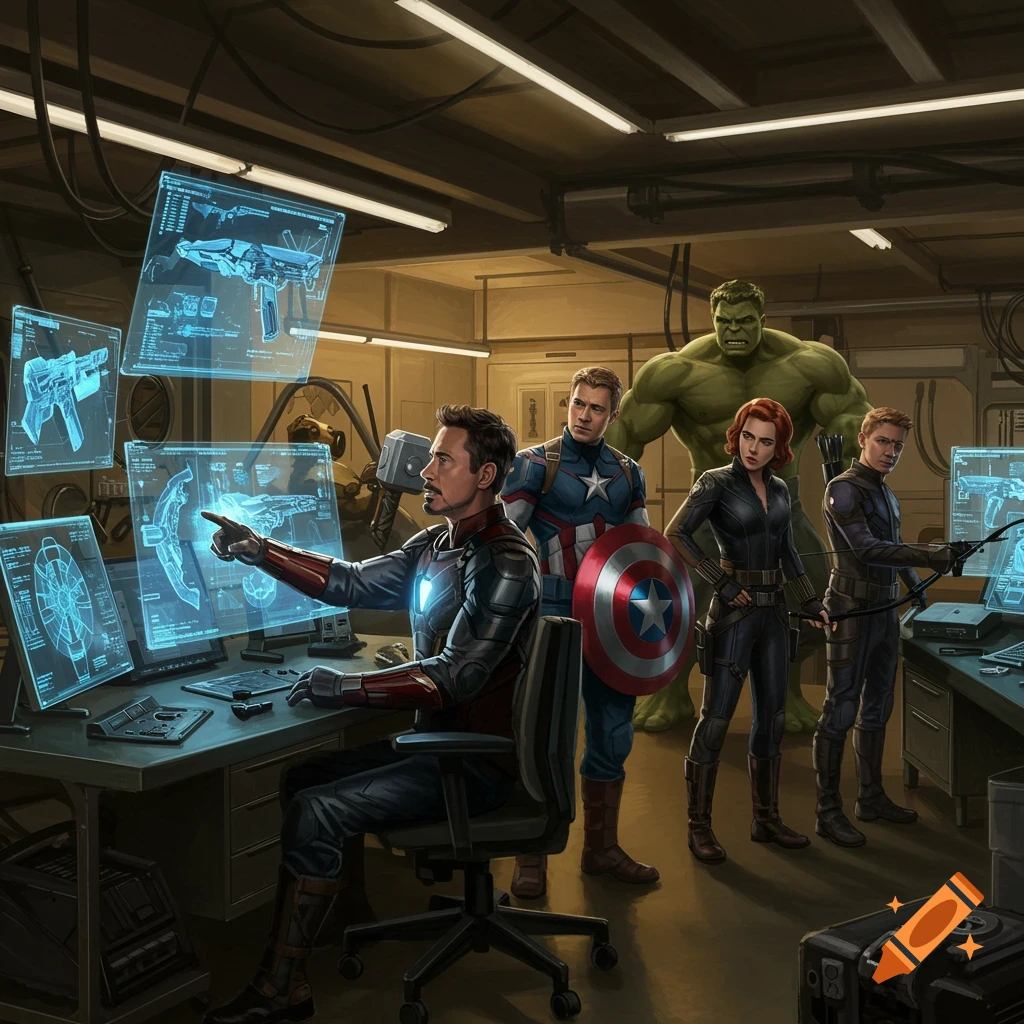 The Avengers, including Iron Man, Captain America, Hulk, Black Widow, and Hawkeye, working in a dimly lit tech lab. Iron Man is at a computer, pointing at a holographic schematic.