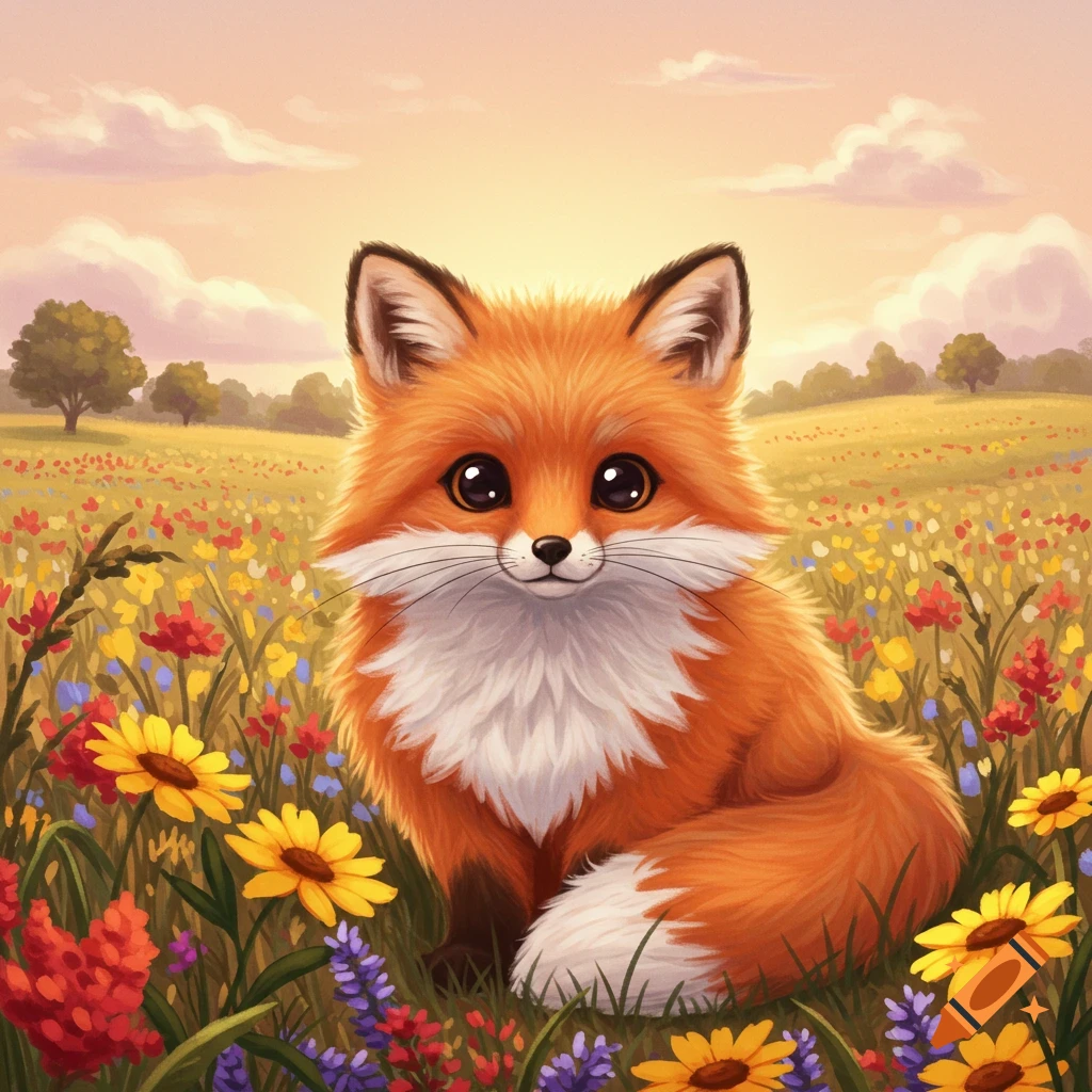 A cute, fluffy orange fox with big eyes sits in a colorful wildflower field under a sunset sky, illustrated.