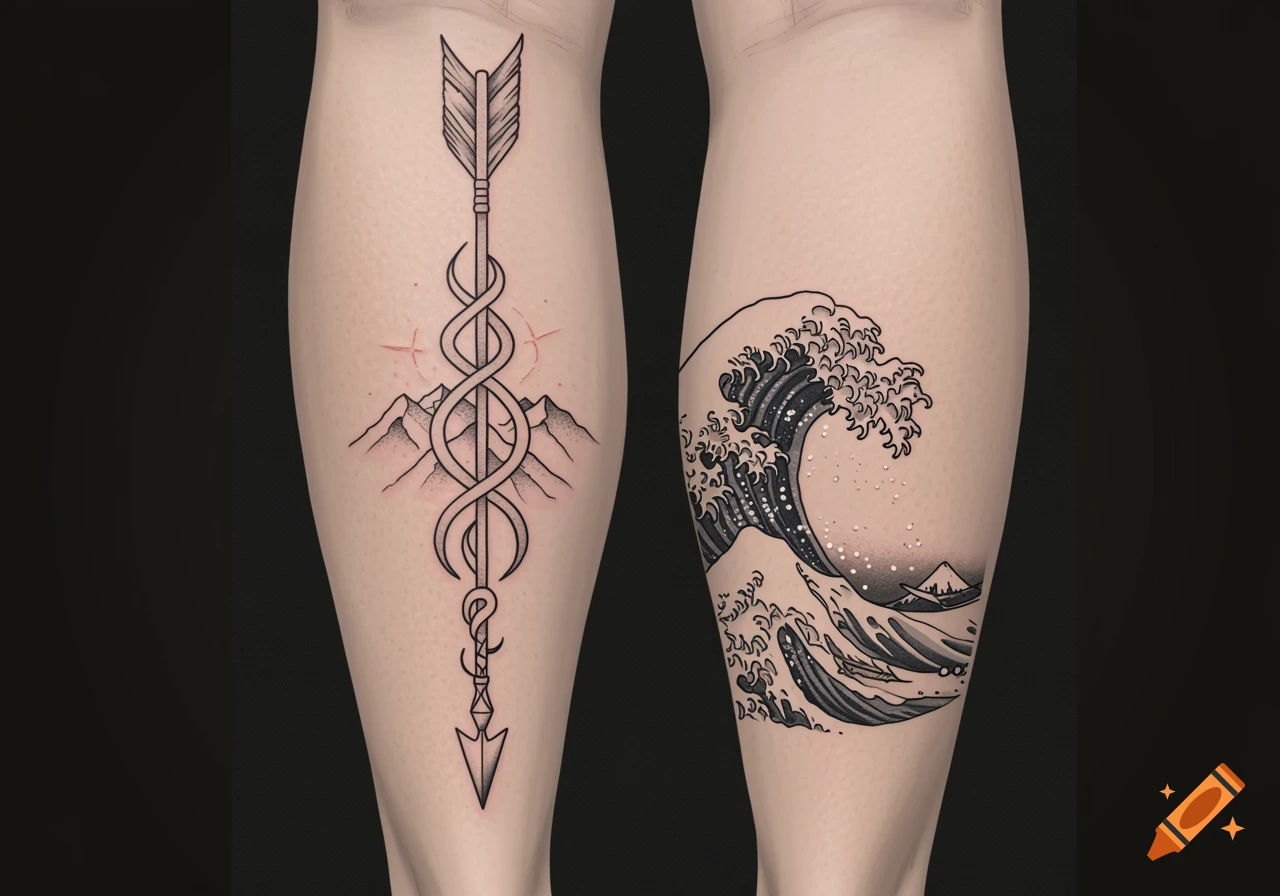 Two legs display tattoos: one with an arrow intertwined with mountains, and the other a large Japanese wave.
