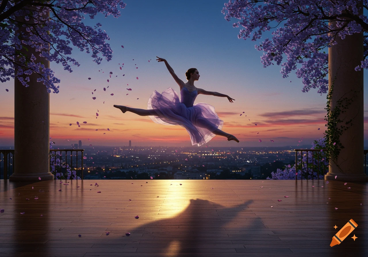 A ballerina in a purple dress leaps mid-air on a balcony overlooking a city skyline at sunset, with purple blossoms and falling petals.