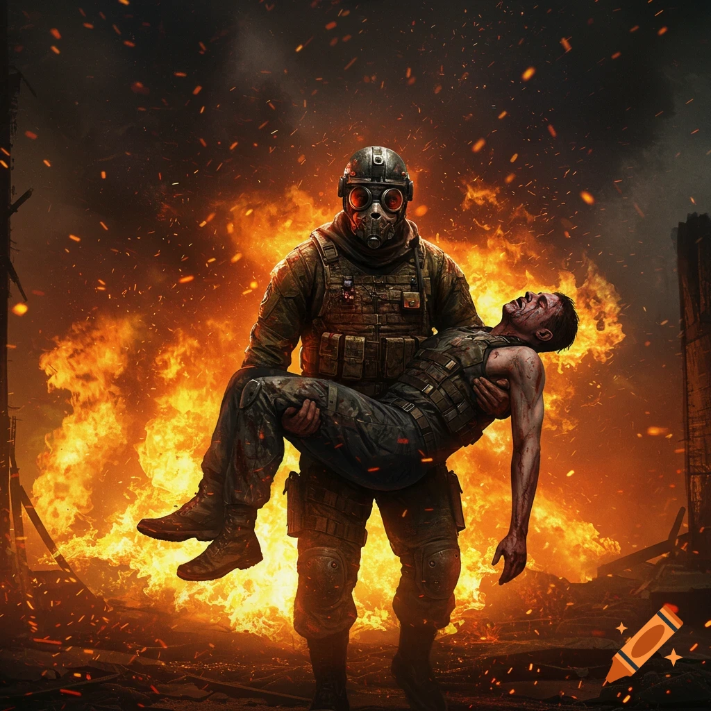 A masked soldier in tactical gear carries an injured comrade through a fiery, ruined battlefield in a photorealistic style.