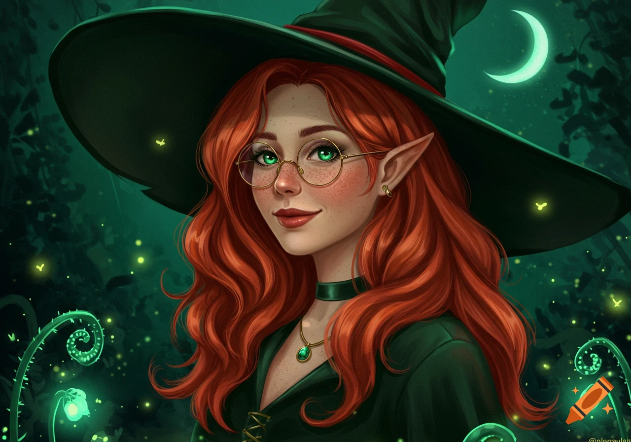 Digital painting of a smiling red-haired witch with pointed ears, green eyes, freckles, and glasses, in a dark, glowing forest.