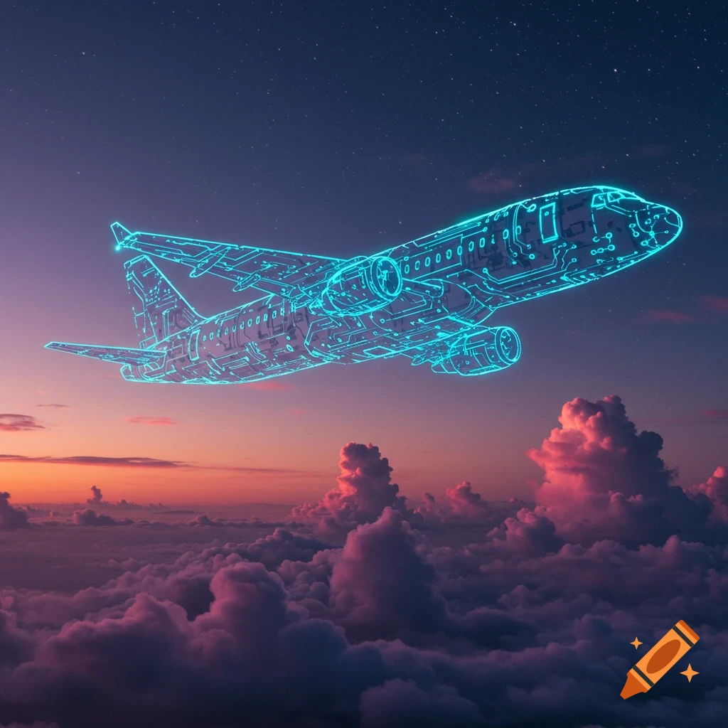 A glowing blue circuit board airplane flies above pink clouds against a starry purple and orange sunset sky.