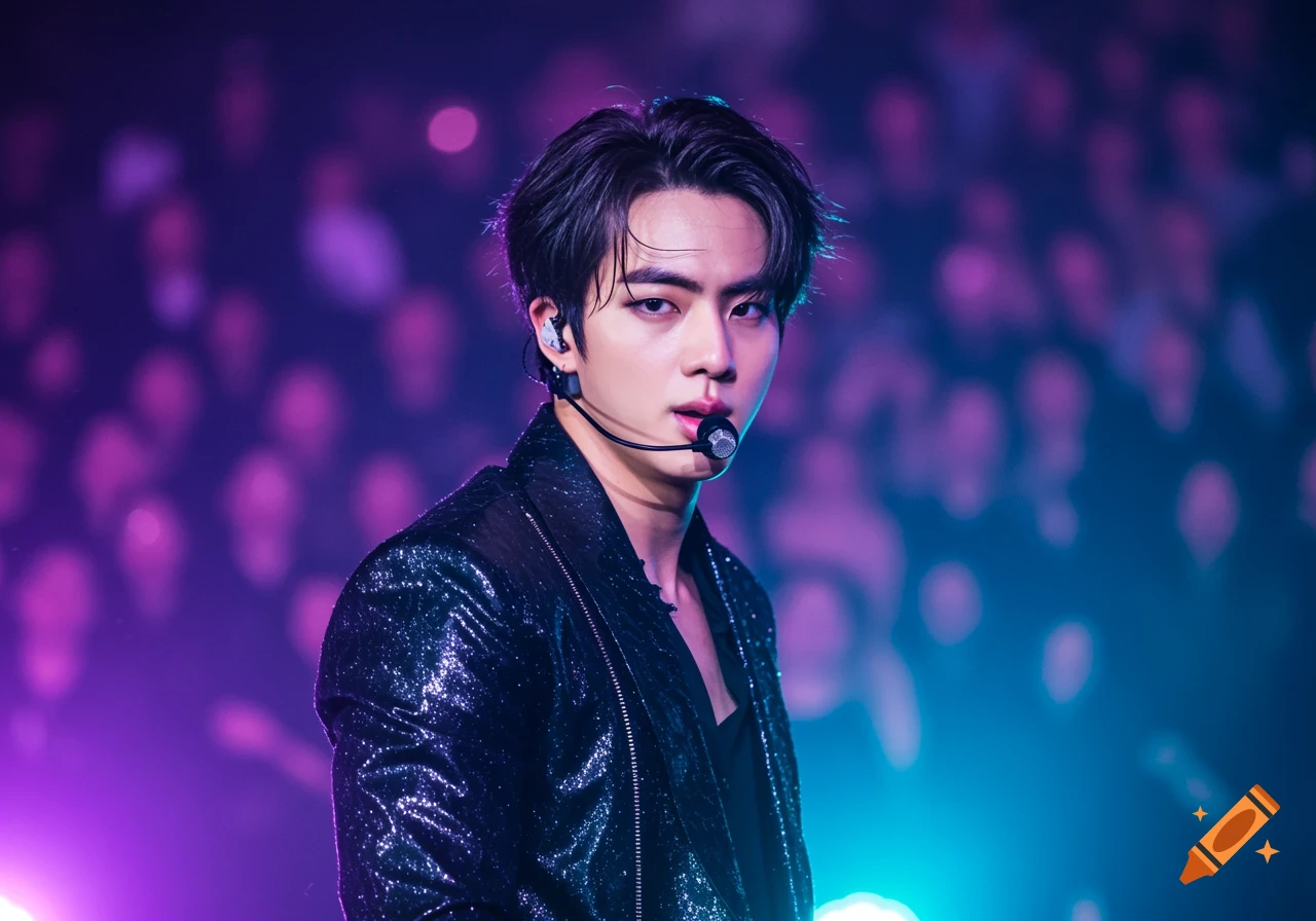 Male K-pop idol with a headset microphone performing on a stage lit with purple and blue lights.