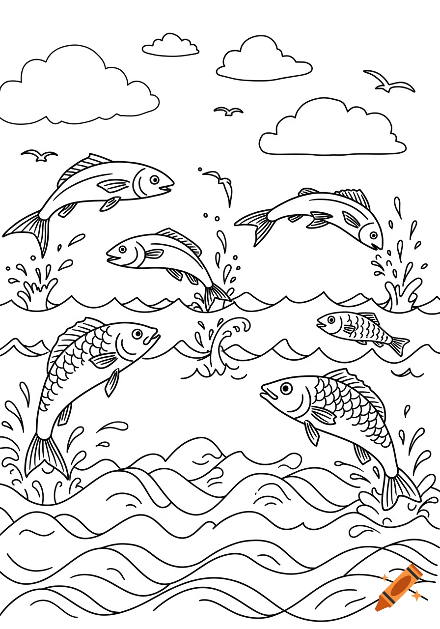 Black and white cartoon illustration of fish jumping out of wavy water with clouds and birds in the sky.