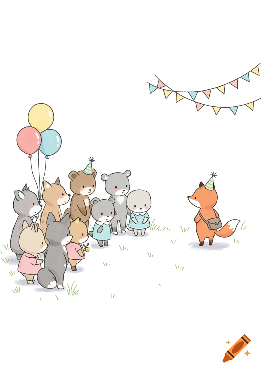 Minimalistic illustration of cute cartoon animals at a party, with a fox saying goodbye to a group of friends.