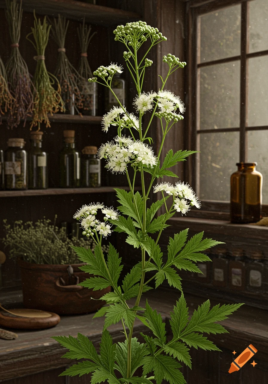 A vibrant meadowsweet plant with white flowers and green leaves stands in a rustic herbalist's pantry, with bundled herbs and bottles on shelves and a sunlit window in the background.