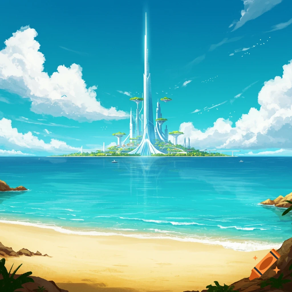 A vibrant illustration of a futuristic city with a towering spire on an island in a bright blue ocean, viewed from a sandy tropical beach.