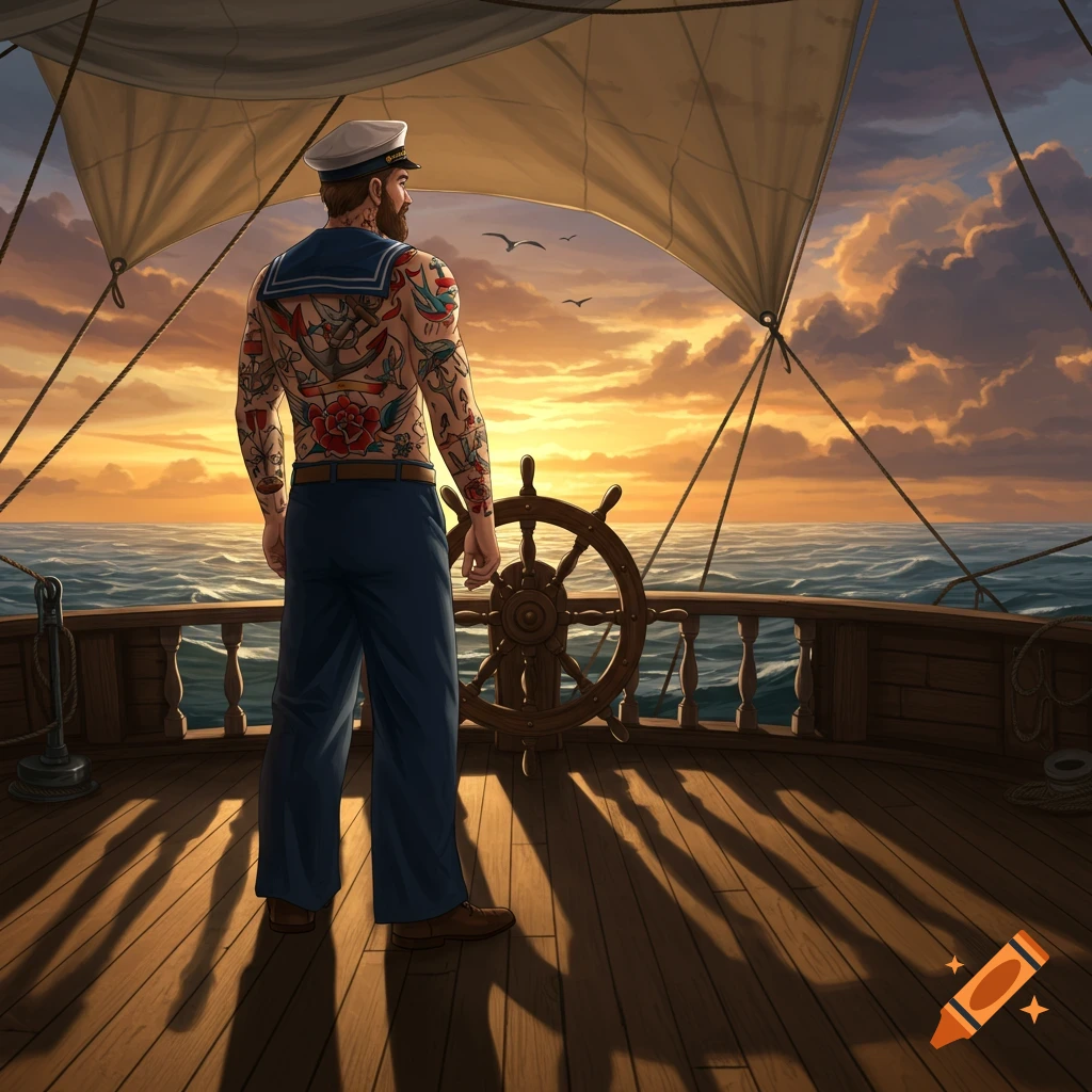 An illustrative image of a heavily tattooed sailor standing at the helm of a ship, looking at a vibrant sunset over the ocean.