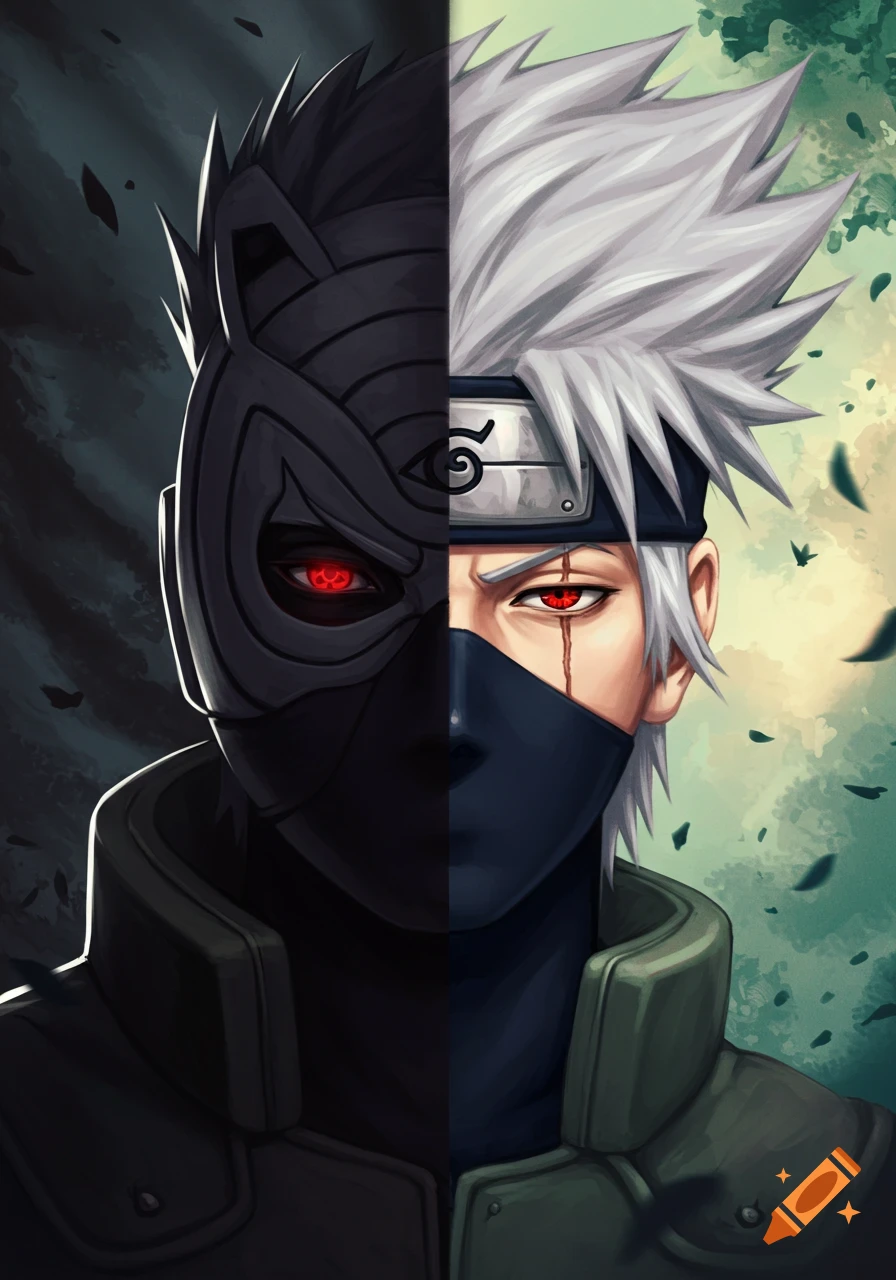 A stylized split portrait of Kakashi from Naruto, with his masked face on the left and unmasked face on the right, both with red sharingan eyes.