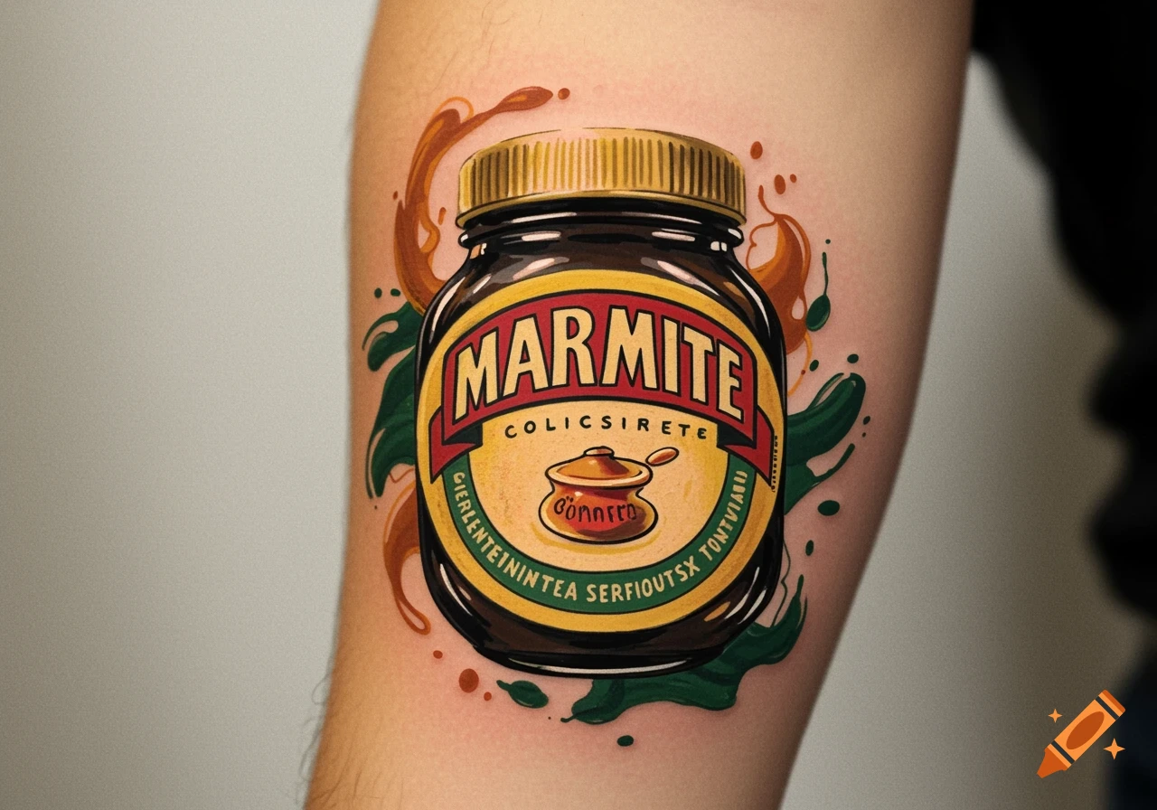 A detailed tattoo of a Marmite jar with brown and green splashes around it, on a person's arm.